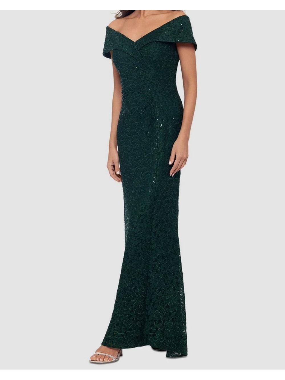 Xscape Dark Green Off-Shoulder Sequin Maxi Gown